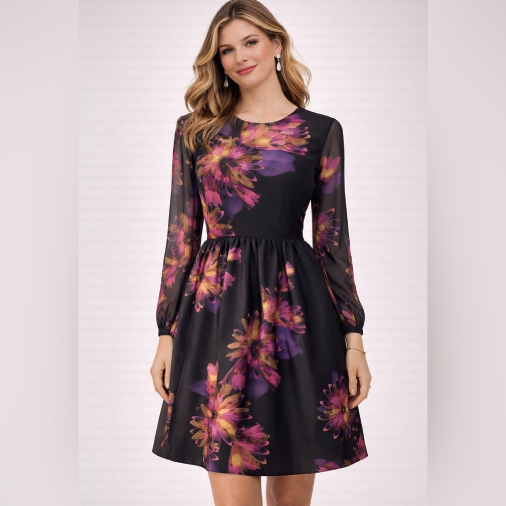 Taylor Dress 12 Black Plum Pink Floral Sheer Long Sleeve A Line Stretch NEW - Picture 1 of 15